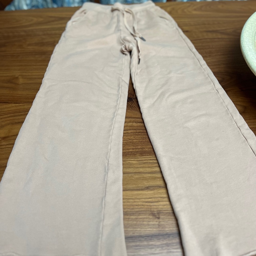 NSF Sweatpants - Distressed tan, wide leg, waist tie. Size XS